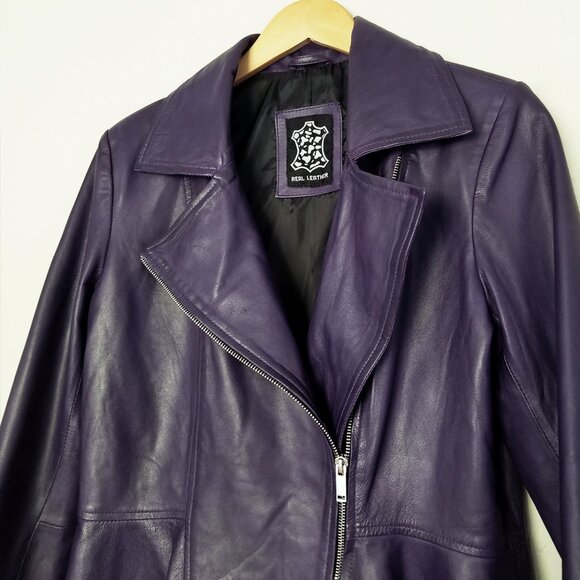 Real 100% Genuine Leather Peplum Long Sleeves Asymmetric Jacket M Purple $300 - Picture 13 of 16